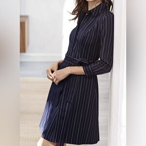 Banana Republic Navy Pinstripe Tie-Waist Long Sleeve Shirtdress
